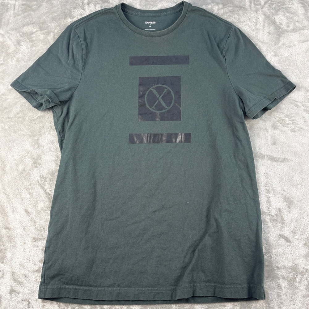 Express T-Shirt Mens Large Graphic Green Metallic Logo EUC